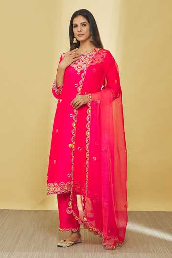 Buy_Surbhi Shah_Red Silk, Organza Beads, Gota Patti, Zari, Embroidery Round Neck Hand Kurta Set _at_Aza_Fashions