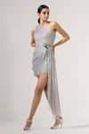 Buy_AMRTA by GUNEET KONDAL_Grey Shell 90% Viscose Georgette Embroidered Metallic Asymmetrical Dress _at_Aza_Fashions