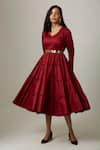 Buy_Escape By Aishwarya_Maroon Cotton Satin V Neck Tiered Dress _at_Aza_Fashions