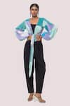 Buy_Onaya_Black Georgette Pearls Plunge Neck, Printed Pattern Tie Top And Pant Set _at_Aza_Fashions