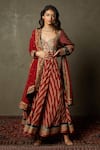 Buy_RI.Ritu Kumar_Red Viscose Printed Chevron Leaf Neck Satnam Anarkali Set _at_Aza_Fashions