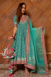 Buy_Pomcha Jaipur_Green Anarkali And Pant Cotton, Dupatta Organza Floral, Gota Saanchi Print Set _at_Aza_Fashions