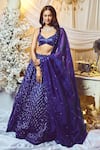 Buy_Varun Chakkilam_Blue Silk Organza Embroidered Tonal Glass Beads V Threadwork Bridal Lehenga Set _at_Aza_Fashions