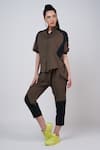 Buy_Krati Jain_Brown Cotton Blend Plain High Neck Asymmetric Shirt And Pant Set _at_Aza_Fashions