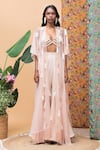 Buy_Rishi and Vibhuti_Pink Linen Embellished Tassel Cape Round Aurora And Pant Set _at_Aza_Fashions