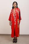 Buy_AK-OK_Red Silk Embroidery V-neck Floral Print Kimono Dress _at_Aza_Fashions