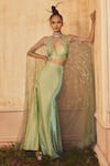 Buy_Shivani Awasty_Green Poly Blend Hand Embroidered Diamond Shine Skirt Set With Cape  _at_Aza_Fashions