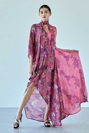 Buy_K-Anshika_Wine Satin V-neck Botanical Print One Shoulder Dress _at_Aza_Fashions