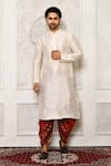 Buy_Arihant Rai Sinha_Red Dupion Silk Floral Metallic Geometric Pattern Hem Cowl Pant _at_Aza_Fashions