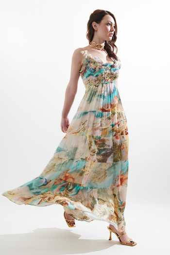 Buy_Cin Cin_Multi Color Silk Embroidery Scoop Neck Russel Vintage Print Maxi Dress _at_Aza_Fashions