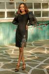 Buy_Echke_Black Silk, Taffeta Stones, Tassels Round Neck Puff Sleeve Short Dress_at_Aza_Fashions