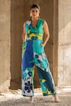 Buy_Pooja-Keyur_Blue Cotton Satin Print Paradise V Neck Abstract Jumpsuit  _at_Aza_Fashions