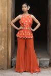 Buy_Nitisha Kashyap Official_Orange Georgette, Silk Mirrors, Beads, Embroidered Peplum Kurta And Sharara Set _at_Aza_Fashions