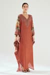 Rajdeep Ranawat_Orange Silk Floral V Neck Verusha Kaftan  _Online_at_Aza_Fashions