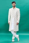 Buy_RNG Safawala_Off White Raw And Dupion Embroidery Thread Jacket Sherwani Set For Kids For Kids_at_Aza_Fashions