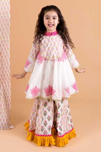 Buy_Chotibuti_Off White Cotton Embroidery, Ruffles Lotus Print Anarkali And Sharara Set _at_Aza_Fashions