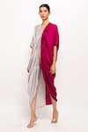 Buy_Neora By Nehal Chopra_Wine Bemberg Modal Silk Solid Plunge V Neck Asymmetrical Cape  _at_Aza_Fashions