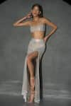 Buy_Itrh_Silver Net Shimmer Rachel High Slit Floor Length Skirt  _at_Aza_Fashions