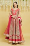 Buy_Aiman_Red Silk Embroidered Gota Round Kalidar Anarkali Set  _at_Aza_Fashions