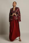 Buy_Sejal Kamdar_Maroon Gajji Silk And German Satin Floral Jacket & Dhoti Skirt Set  _at_Aza_Fashions