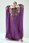 Buy_Rajdeep Ranawat_Purple Silk Geometric Band Collar Dakota Floral Pattern Kaftan _at_Aza_Fashions
