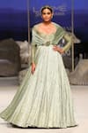 Buy_Tarun Tahiliani_Green Crinkle Tulle And Lace Fabric Embellishment Metallic Cape Style Gown _at_Aza_Fashions