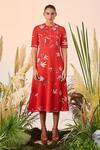 Buy_Shahin Mannan_Red Double Crepe Branch Pattern Round Tiny Corset Midi Dress_at_Aza_Fashions