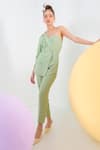 Buy_Pocketful Of Cherrie_Green Crepe Plain One Shoulder Notched Lapel Asymmetric Solid Jumpsuit  _at_Aza_Fashions