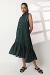 Buy_Studio Moda India_Green Cotton Shawl Neck Flutter Pleated A-line Dress _at_Aza_Fashions