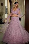 Buy_Nadine Dhody_Purple Tulle Sequins, Cut Work, Helene Crystal And Feather Embroidered Lehenga Set _at_Aza_Fashions