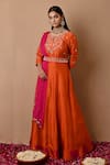 Buy_Label Nitisha_Orange Raw Silk Hand Embroidered Moti Keyhole Round Yoke Anarkali With Dupatta _at_Aza_Fashions