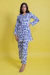 Buy_Aroop Shop India_Blue Silk, Velvet Embroidery Round Neck Bella Flora Print Tunic And Pant Set _at_Aza_Fashions