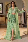 Buy_suruchi parakh_Green Georgette Printed And Hand Embellished Floral Jacket Draped Skirt Set_at_Aza_Fashions