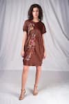 Buy Seesa Brown Satin, Organza, Silk Embroidery Round Neck Flower Applique Dress at Aza Fashions Buy_Seesa_Brown Satin, Organza, Silk Embroidery Round Neck Flower Applique Dress _at_Aza_Fashions