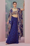 Buy_Krisha sunny Ramani_Blue Cape Georgette Printed Sequin Cape Open Jhumka Sharara Set _at_Aza_Fashions