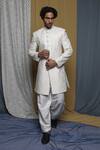 Buy_Krishna Mehta_White Cotton, Viscose Embroidery Floral Sherwani Salwar Set_at_Aza_Fashions