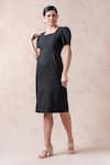 Buy_Thetaa_Black Polyester Solid Square Neck Puff Sleeve Midi Dress _at_Aza_Fashions