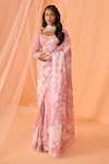 Buy_LASHKARAA_Peach Chanderi Printed Floral Square Neck Pre-draped Saree With Blouse_at_Aza_Fashions
