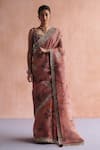 Buy_Archana Jaju_Pink Handwoven Organza Silk Hand Painted Crane And Floral Saree With Blouse _at_Aza_Fashions