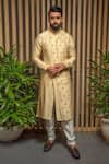 Buy_Darshika Menswear_Beige Silk Embroidery Thread Placement Kurta Set _at_Aza_Fashions