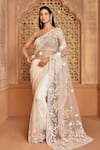 Buy_Kalighata_Peach Net Embroidered Floral Sweetheart Neck Saree With Blouse  _at_Aza_Fashions