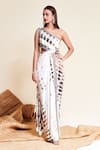 Buy_Reeti Arneja_Multi Color Lycra, Silk Cut Work, Beads Asymmetric Selene Tie-dye Pattern Gown _at_Aza_Fashions