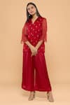 Buy_MAYU KOTHARI_Red Organza Hand Embroidered Roses Collared Neck Shirt And Palazzo Set  _at_Aza_Fashions