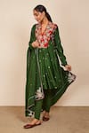Buy_Sue Mue_Green Silk, Lycra, Crepe Embroidery V-neck Gada Kurta Set _at_Aza_Fashions
