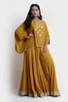 Buy_Brij_Yellow Spun Silk Embroidered Zardozi Round Cape And Flared Pant Set _at_Aza_Fashions