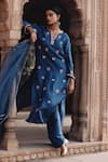 Buy_Avacara_Blue Silk Embroidered Dori Notched Paisley Buttis Kurta Set  _at_Aza_Fashions