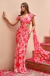 Buy_Dheeru Taneja_Red Georgette Printed Ahita Pre-draped Saree With Off Shoulder Blouse  _at_Aza_Fashions