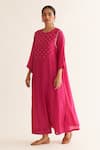 Buy_Dot_Pink Cotton Embroidery Round Neck Hand Kurta And Pant Set _at_Aza_Fashions