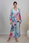 Buy_Garo_Blue Russian Silk Geometric Jacket Lapel And Abstract Pattern & Pant Set _at_Aza_Fashions