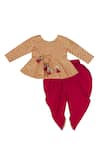 Buy_Little Stars_Peach Chanderi And Muslin Embroidery Chevron Peplum Top & Dhoti Pant Set _at_Aza_Fashions